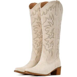 Women Faux Leather  Suede White Side Zipper Chunky Heel Knee High Western Boots